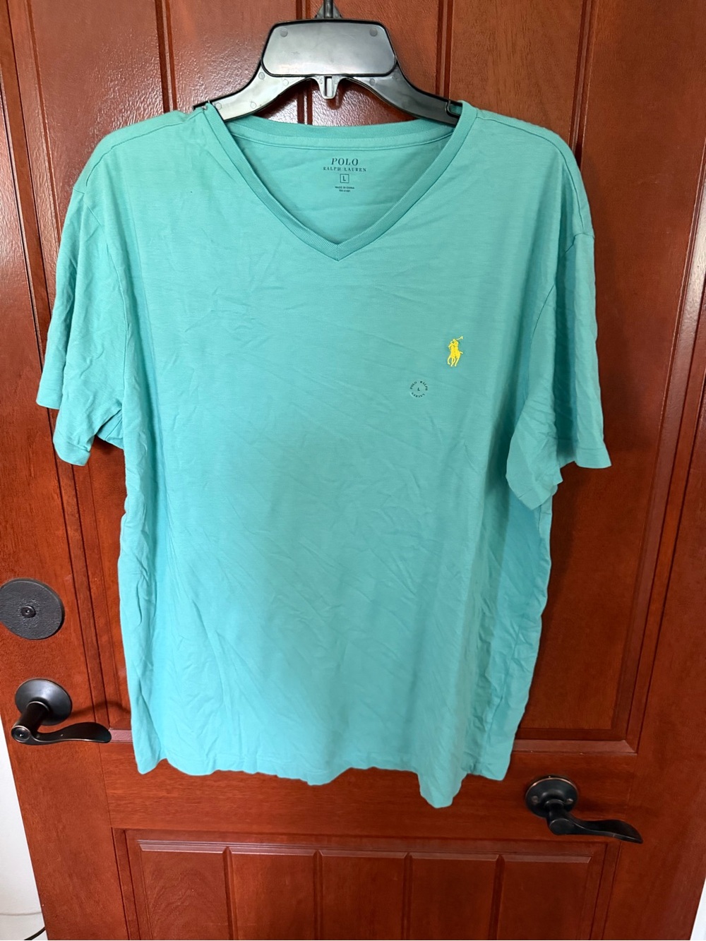 Ralph Lauren V-Neck Tee in Aqua with Yellow Pony NWT